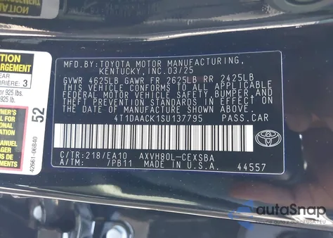 2025 Toyota Camry Se z USA, uszkodzony, nr VIN 4T1DAACK1SU137795